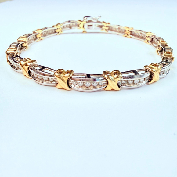 Estate 10K Solid Two Tone Gold 1.4 CT Natural Diamond X Bypass Tennis Bracelet - Picture 2 of 12